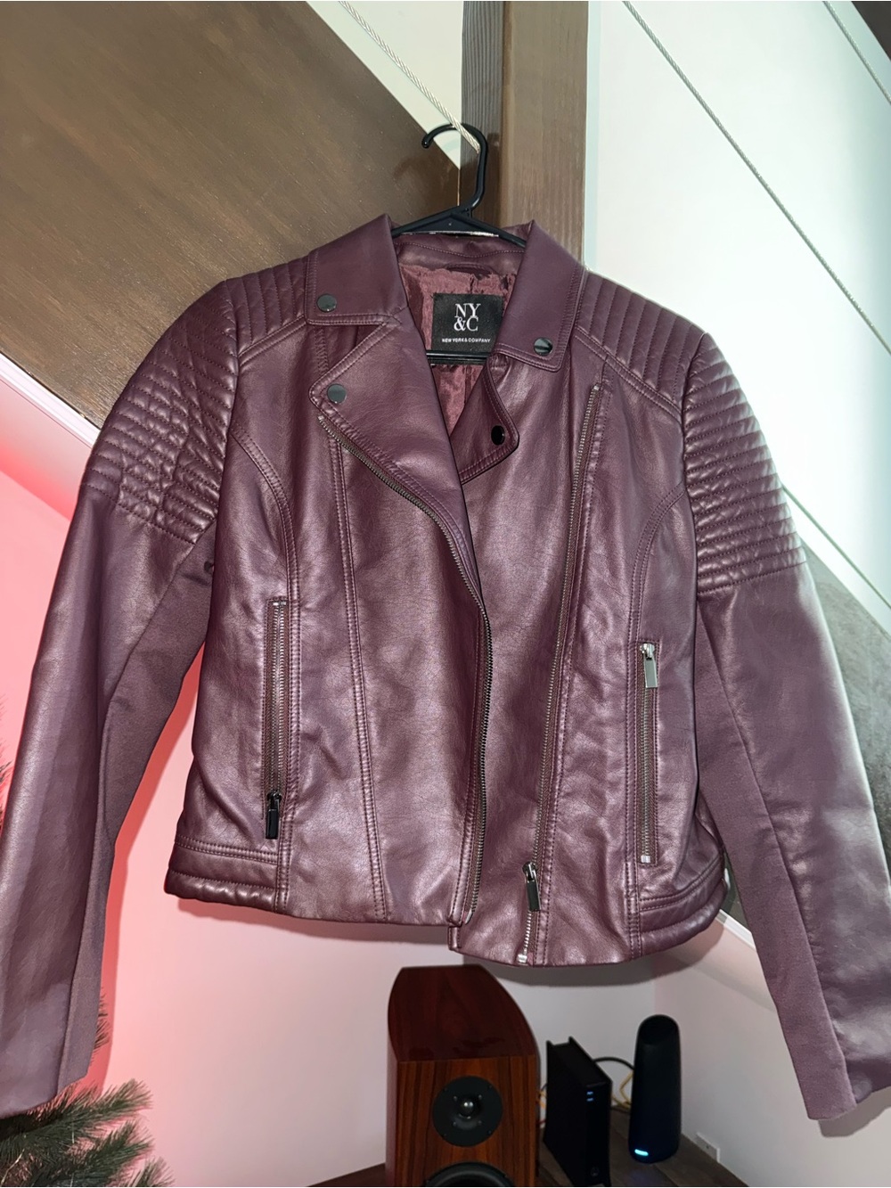 New York & Company Women's Faux Leather Moto Jacket - Burgundy